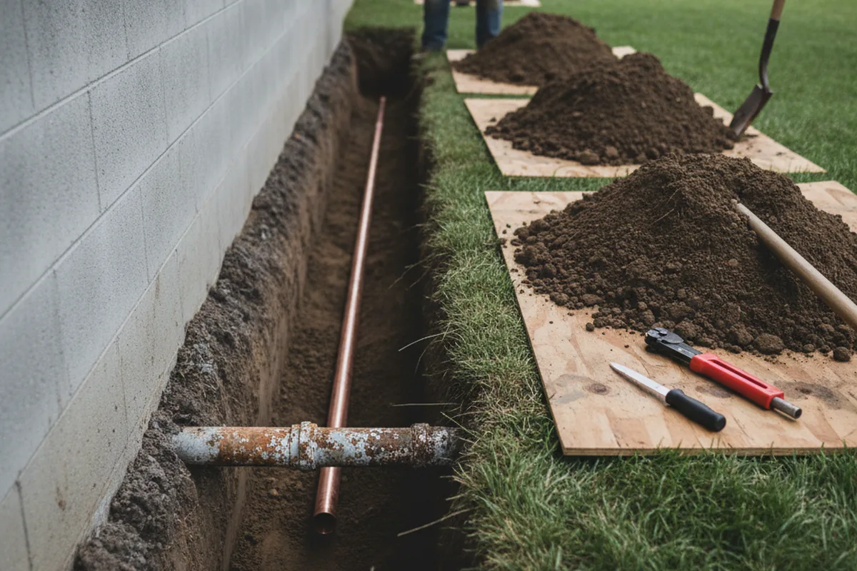 Excavated water line trench during Sewer Line Repair in Rileyville
